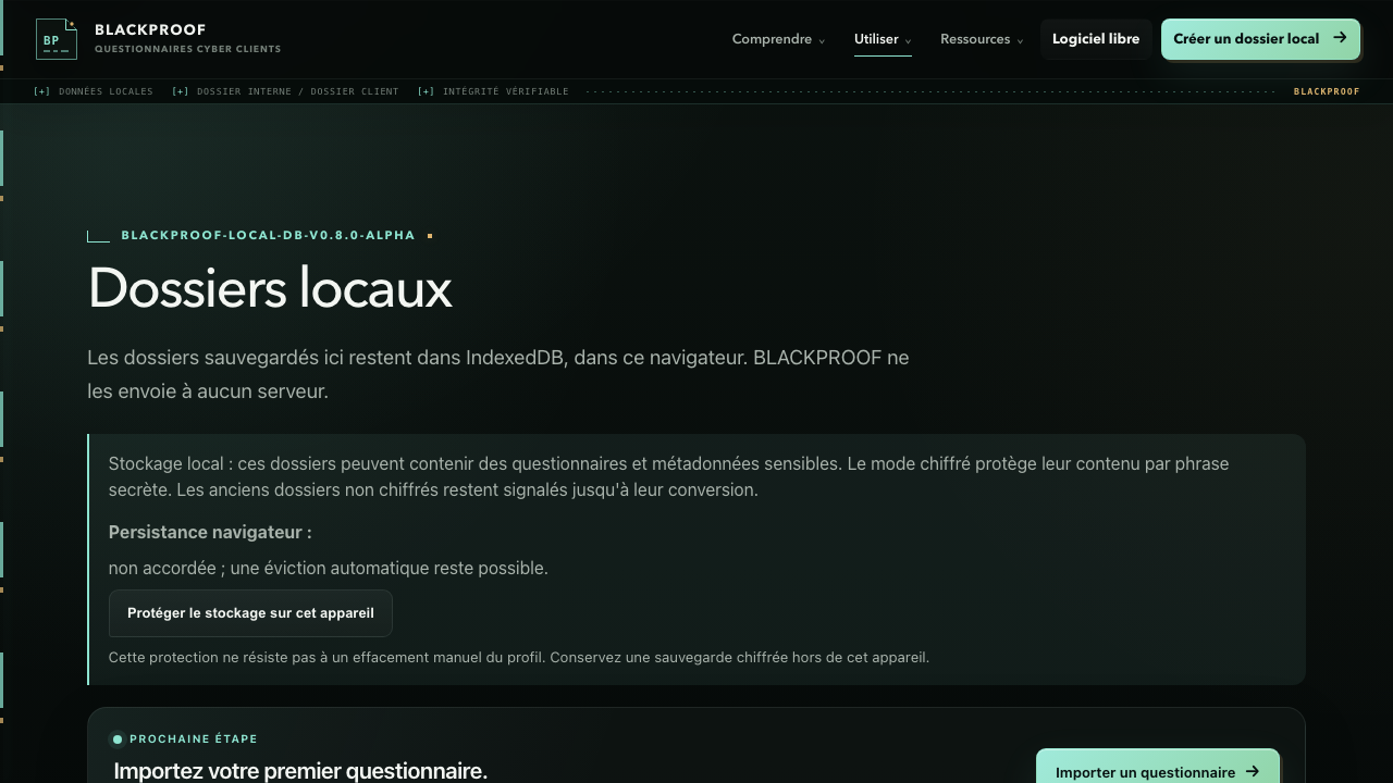 Liste vide des dossiers locaux BLACKPROOF avec état de persistance du stockage du navigateur