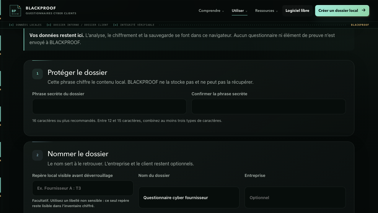 Écran de création d’un dossier BLACKPROOF demandant une phrase secrète et sa confirmation