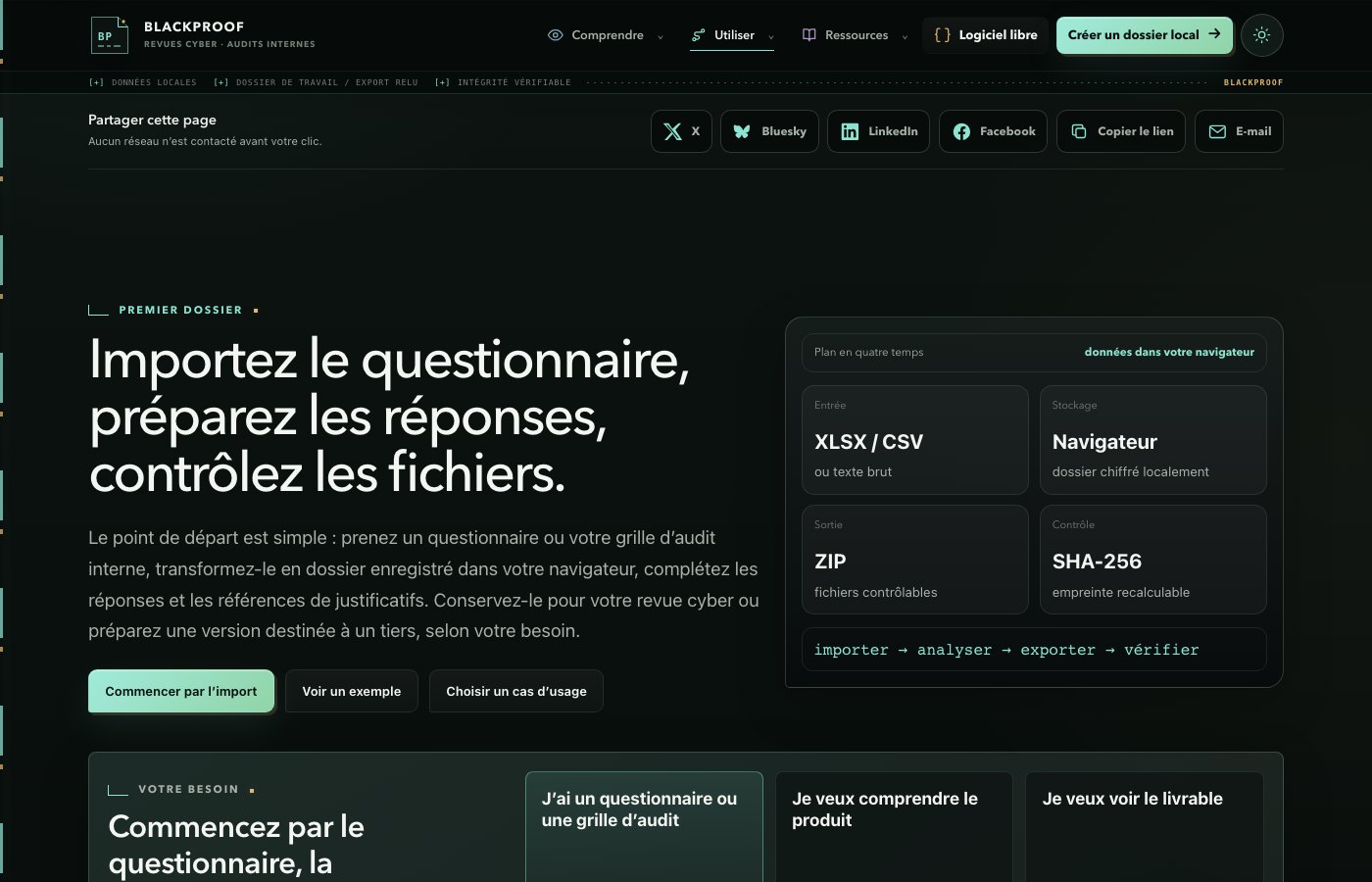 Démonstration de BLACKPROOF : dossiers locaux, sans compte, données fictives